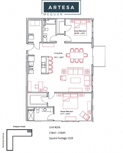 Floor plan for 2 beds, 2 baths, 1523 sqft